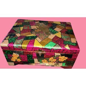 Art Deco Vintage Eclectic Wooden Box Embossed Handmade Handcarved Velvet Lined 1